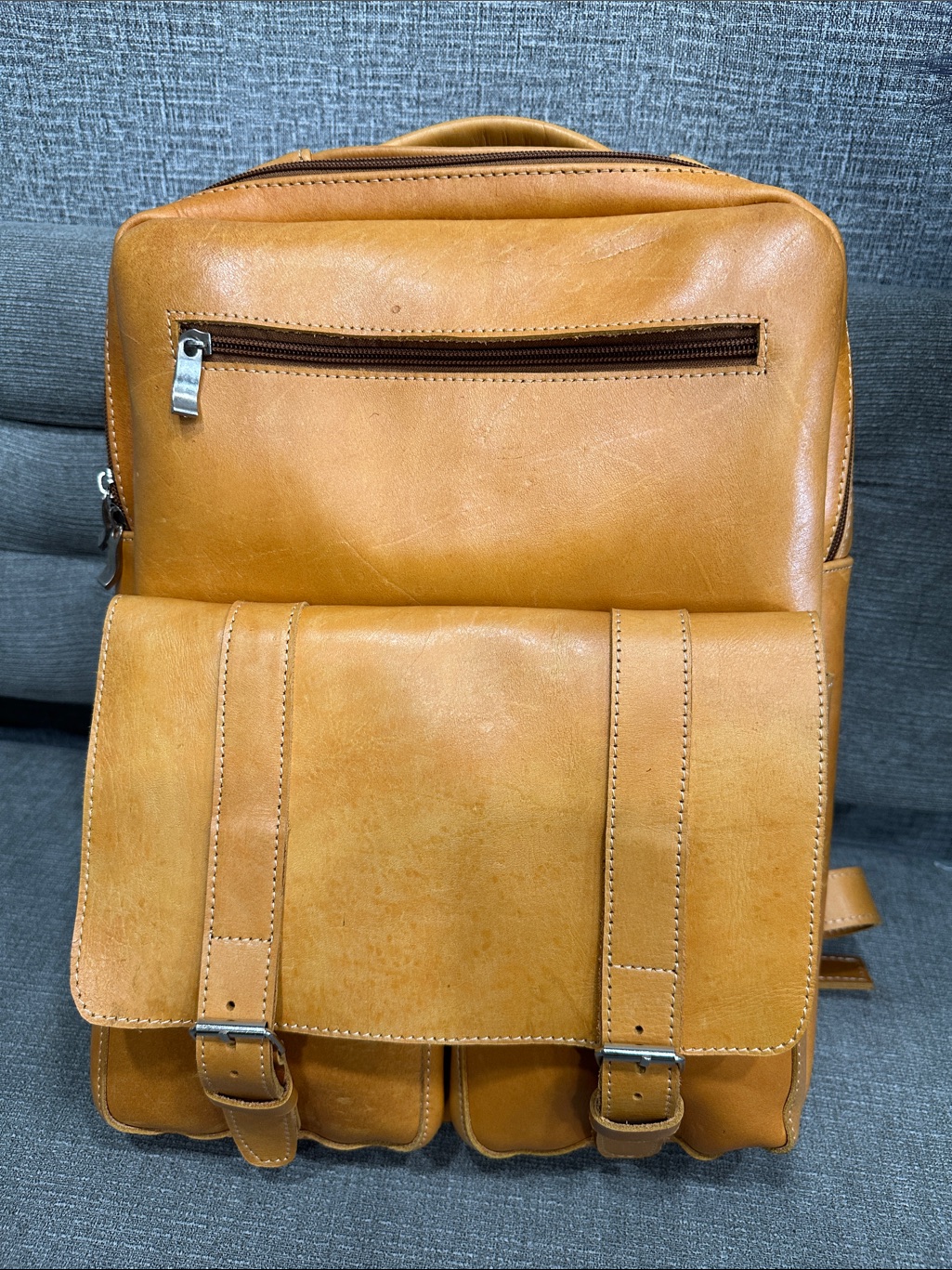 Unisex Tan Leather Backpack With Front Buckle Pockets